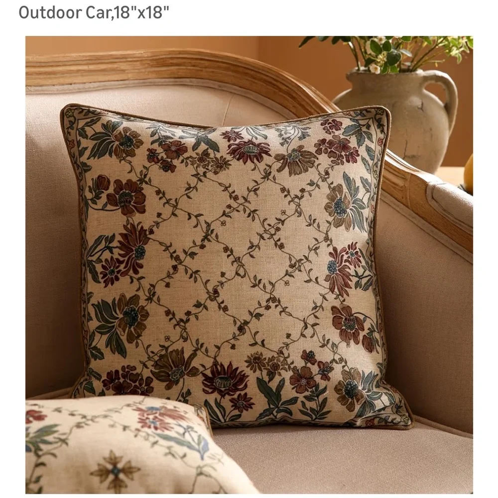 Decorative Vintage Floral Linen Pillow Cover Square 18x18” (1-count)